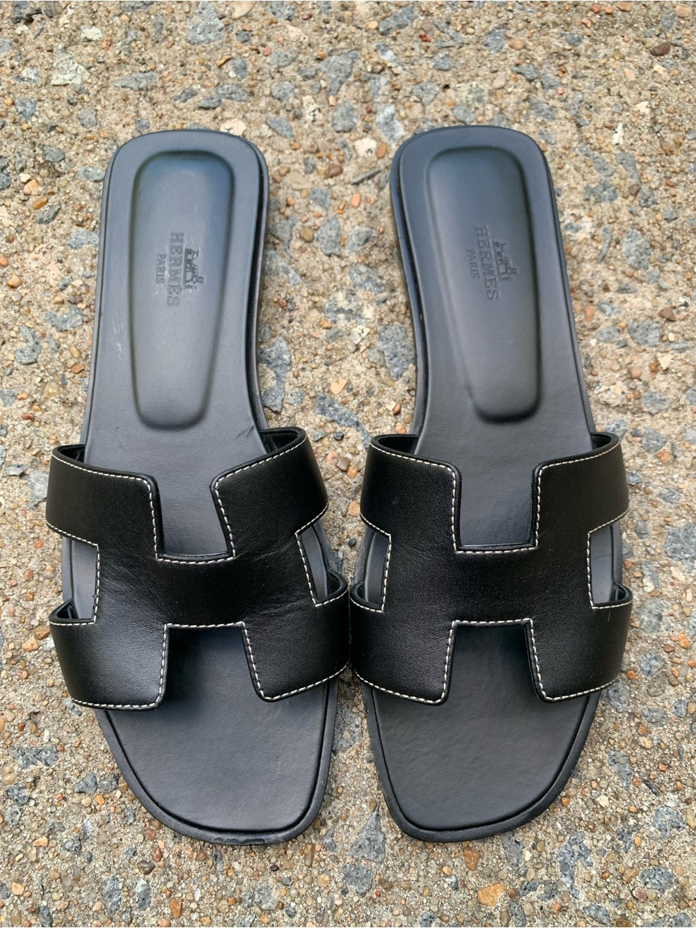 Hermes Black Leather Oran Slide Sandals